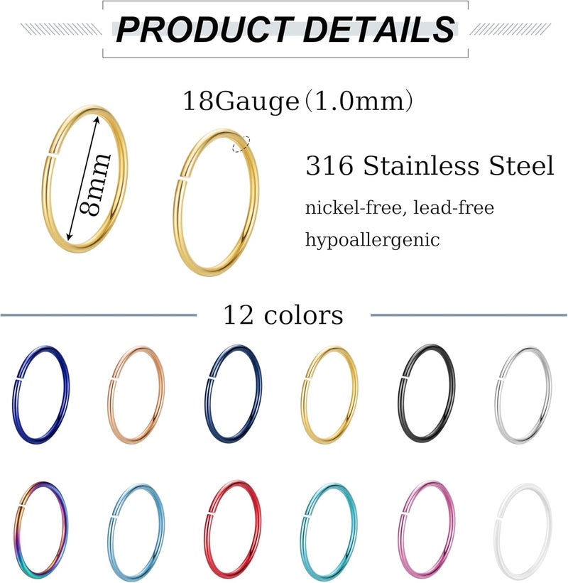 NICEIGHT 18G 20G 22G Stainless Steel Nose Rings Hoops for Women Men Cartilage Helix Earring Hoops Lip Rings Nose Piercing Jewelry - Image 4
